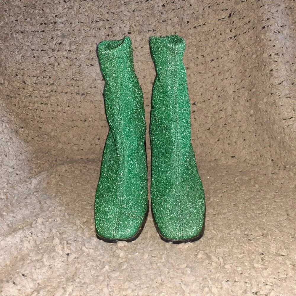 L'INTERVALLE-Green Glitter-Stretch High Heel Ankle Sock Boots-Sz 40-Near Mint - Picture 3 of 6